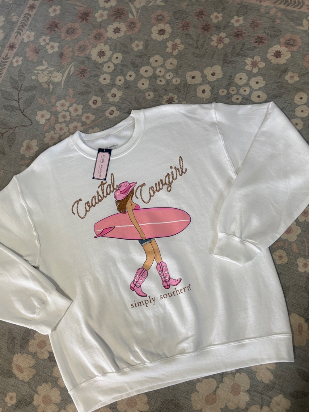 Simply Southern White Sweatshirt with Pink Surf Cowgirl Graphic